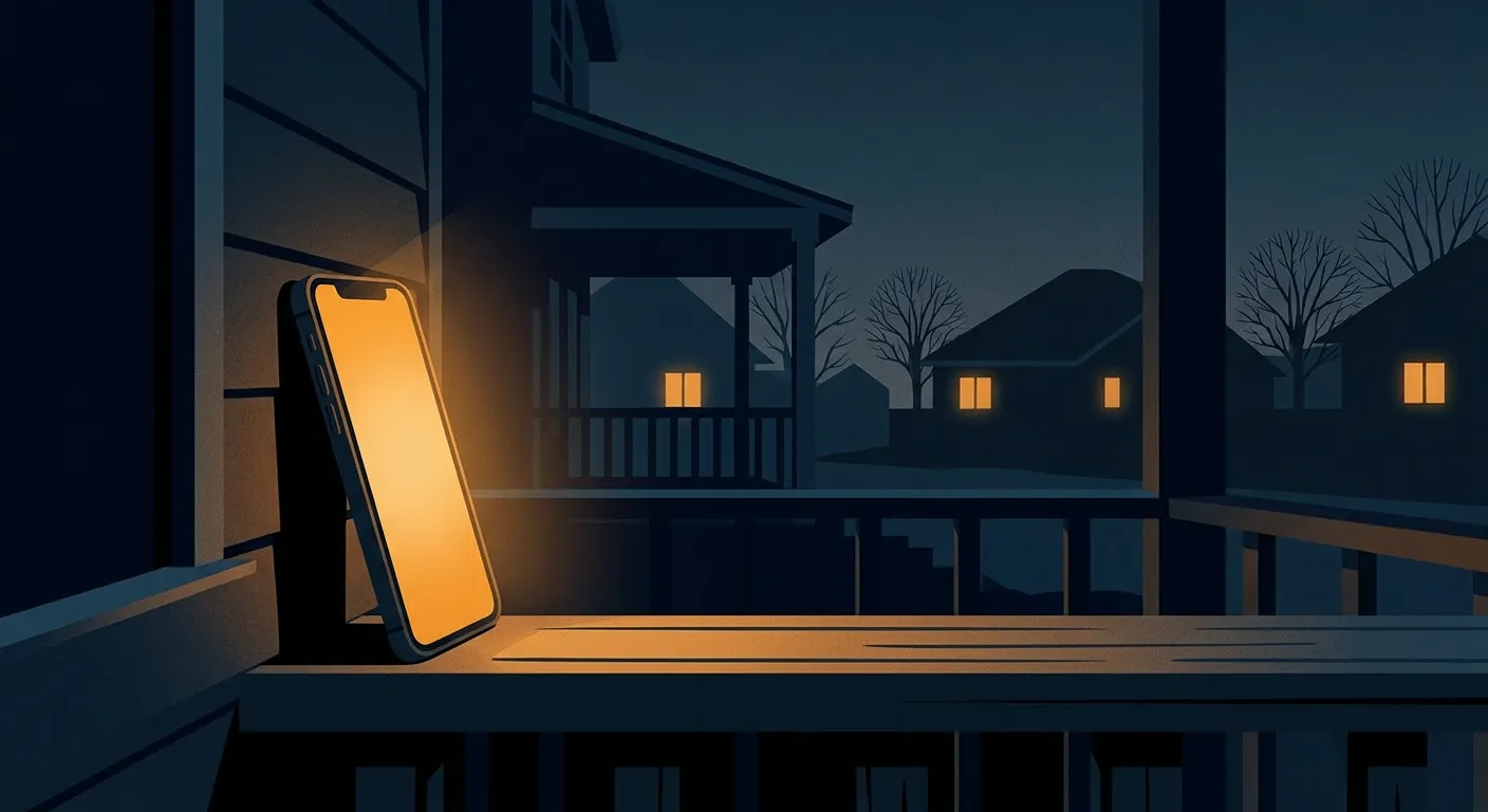 A phone glowing warm on a porch rail at dusk, the neighborhood settling into night — the light still on to answer