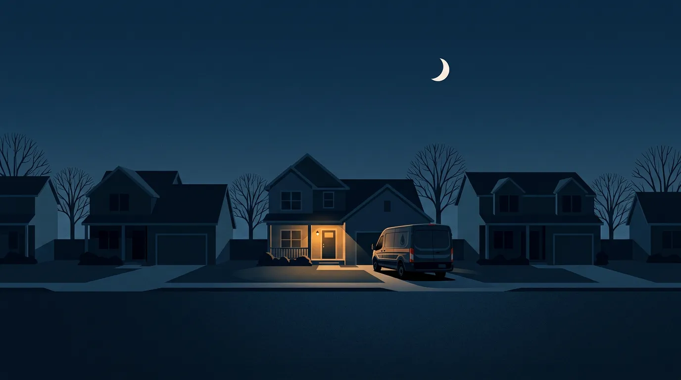 Illustration of a dark suburban street at night: one house's porch light glows amber over the front door, with the company van parked in the driveway
