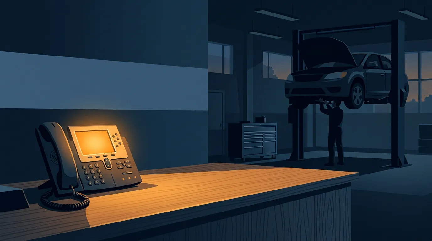 The moment the phone matters for auto repair shops — a dusk scene with one amber light on