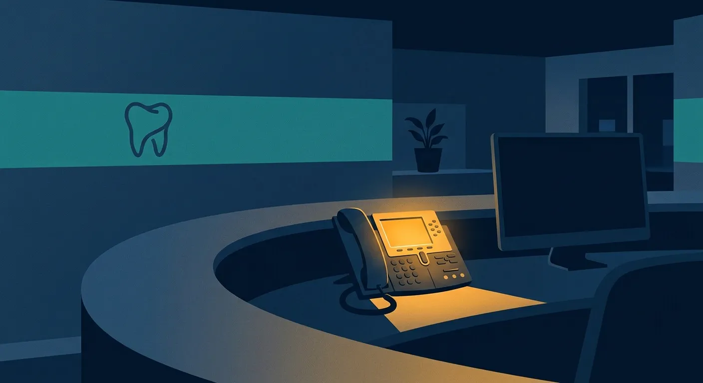 The moment the phone matters for dental / ortho practices — a dusk scene with one amber light on