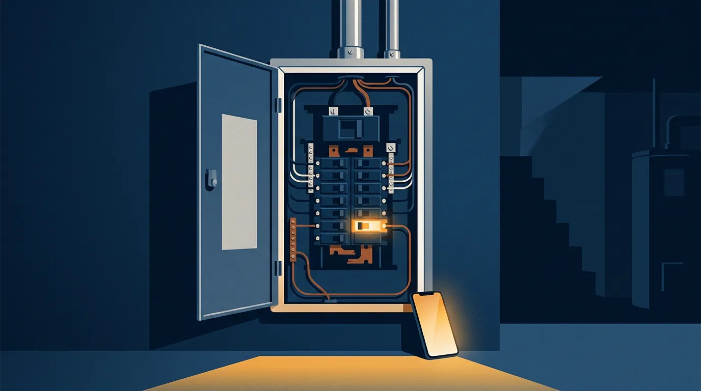 The moment the phone matters for electricians — a dusk scene with one amber light on