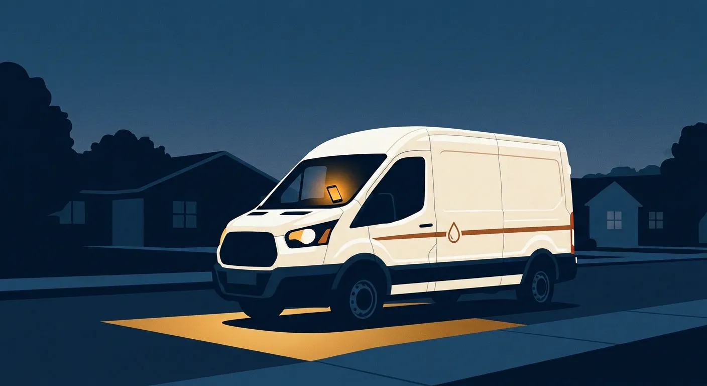 The moment the phone matters for plumbers — a dusk scene with one amber light on