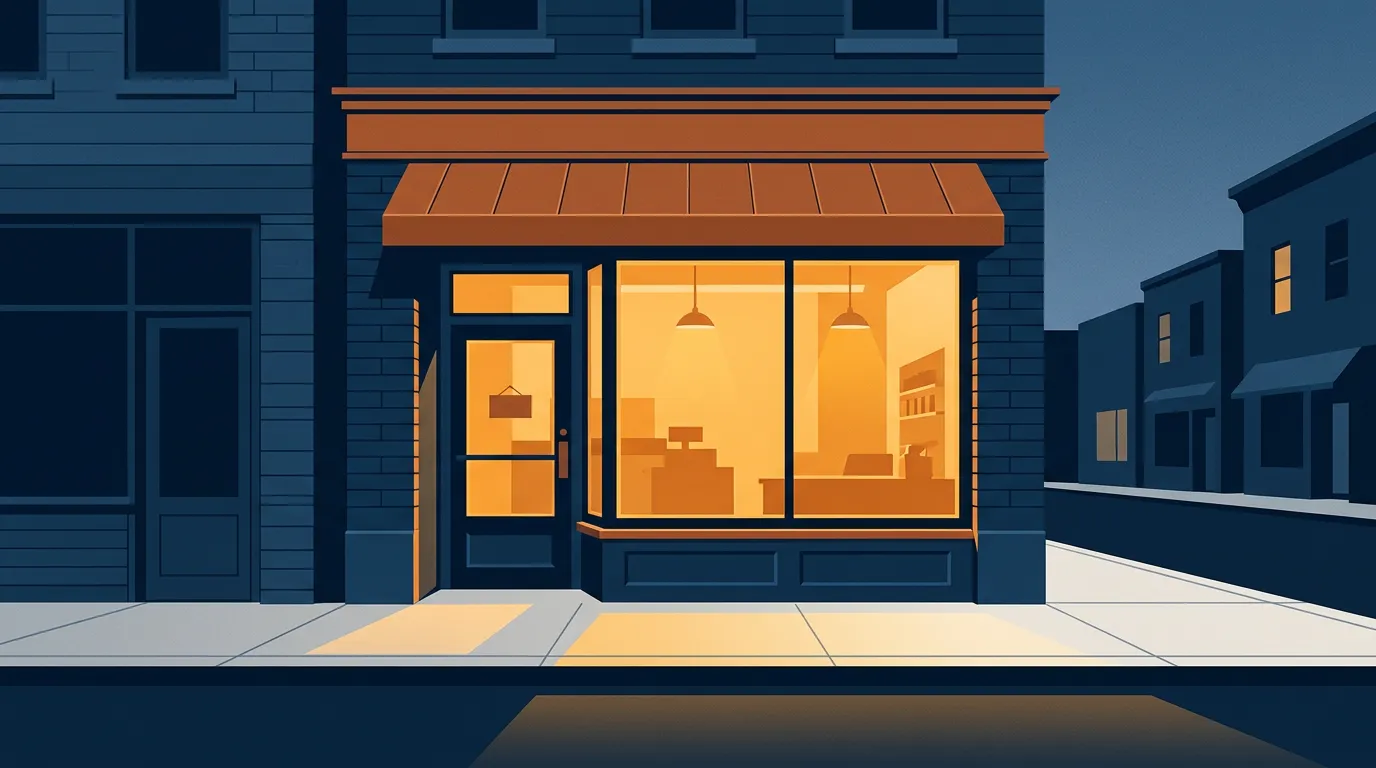 A small shopfront at dusk with its window warmly lit — open, and honest about it