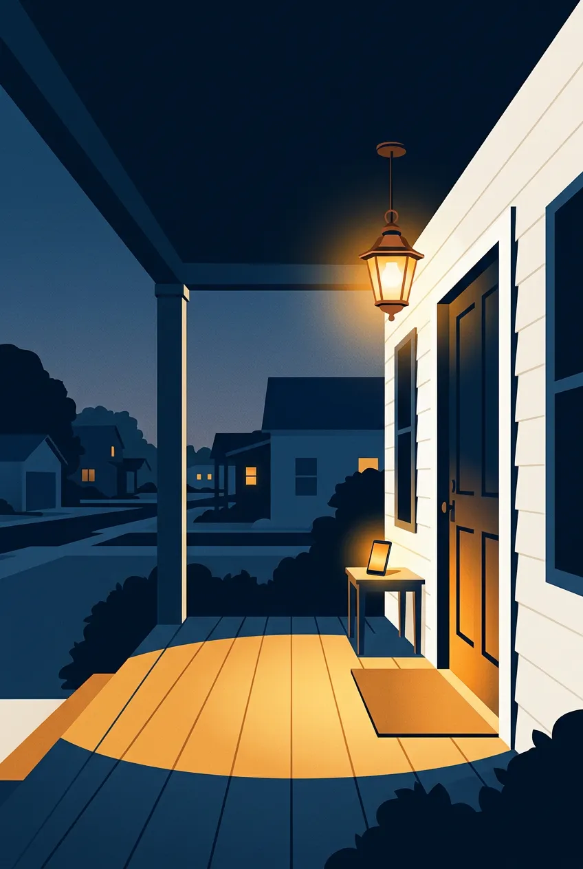 A front porch at dusk with the porch light on above the door — the light left on for you